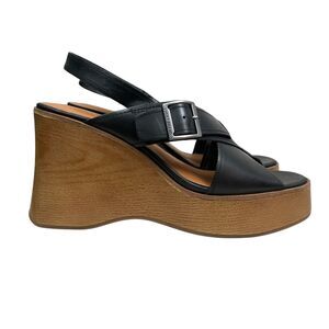 Lucky Brand Womens Platform Wedge Sandals Delayne Black Leather Slingback Sz 8.5